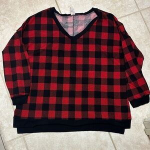 Red and Black Plaid V-Neck lightweight Sweater